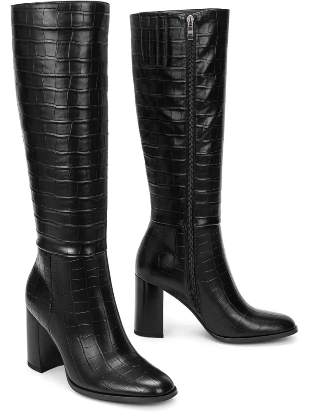 Women's Black Round Toe Side Zip Chunky Heel Fashion Tall Knee High Casual Boot